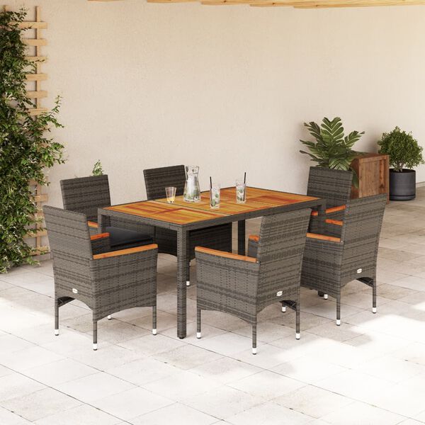 vidaXL 7-tlg. Garten-Essgruppe mit Kissen Grau Poly Rattan Akazie