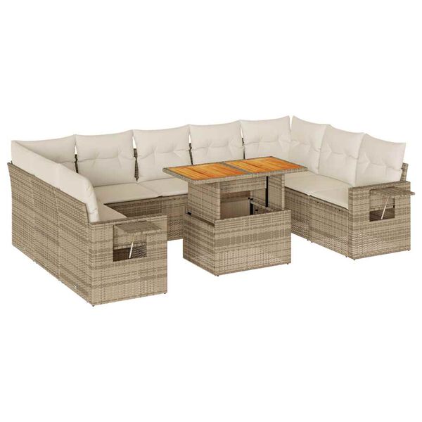 vidaXL 10-tlg. Garten-Sofagarnitur mit Kissen Beige Poly Rattan