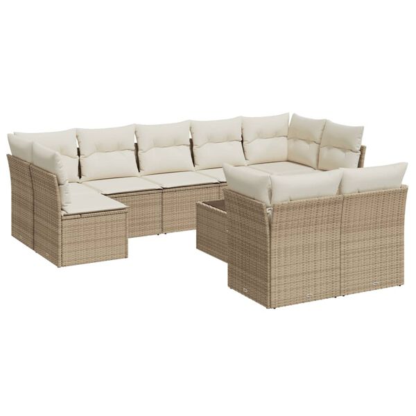 vidaXL 10-tlg. Garten-Sofagarnitur mit Kissen Beige Poly Rattan