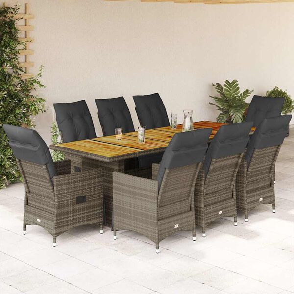 vidaXL 9-tlg. Garten-Bistro-Set mit Kissen Grau Poly Rattan