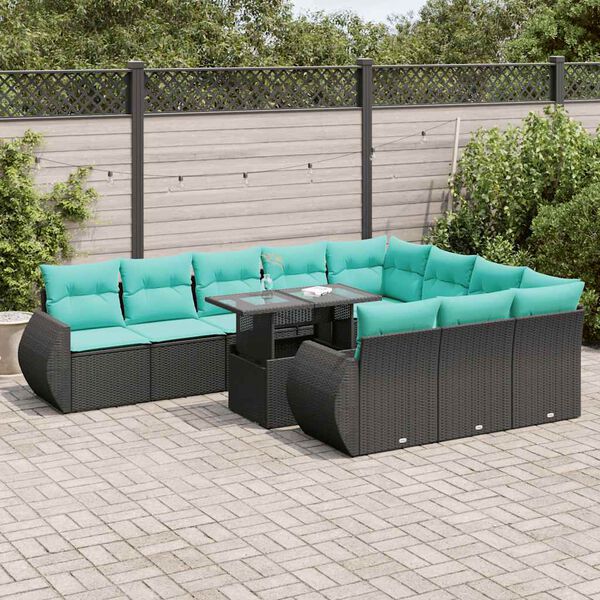 vidaXL 11-tlg. Garten-Sofagarnitur mit Kissen Schwarz Poly Rattan