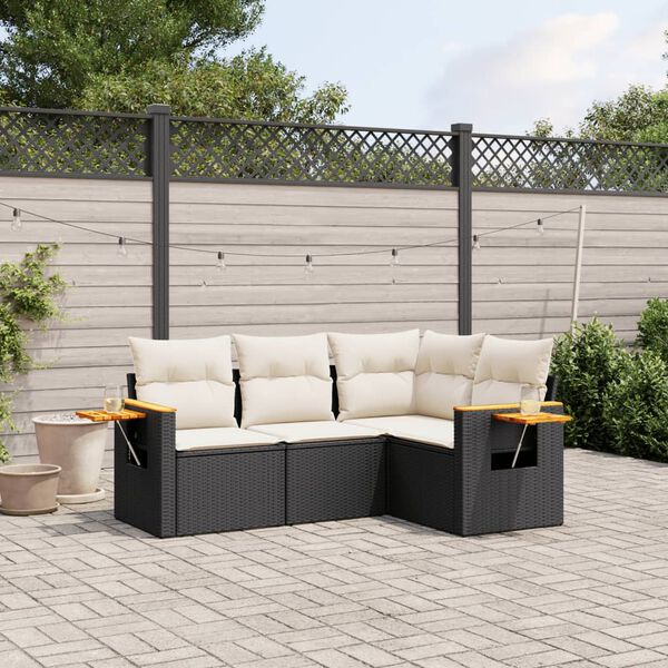 vidaXL 4-tlg. Garten-Sofagarnitur mit Kissen Schwarz Poly Rattan