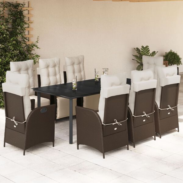 vidaXL 9-tlg. Garten-Essgruppe mit Kissen Braun Poly Rattan