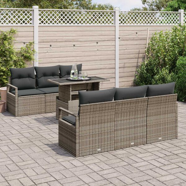 vidaXL Gartensofa-set mit Kissen mit Speicher 7 pcs Grau Poly Rattan