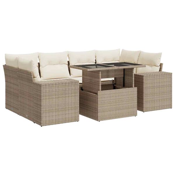 vidaXL 7-tlg. Garten-Sofagarnitur mit Kissen Beige Poly Rattan