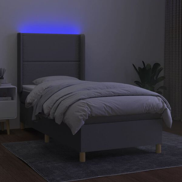 vidaXL Boxspringbett mit Matratze & LED Hellgrau 90x190 cm Stoff