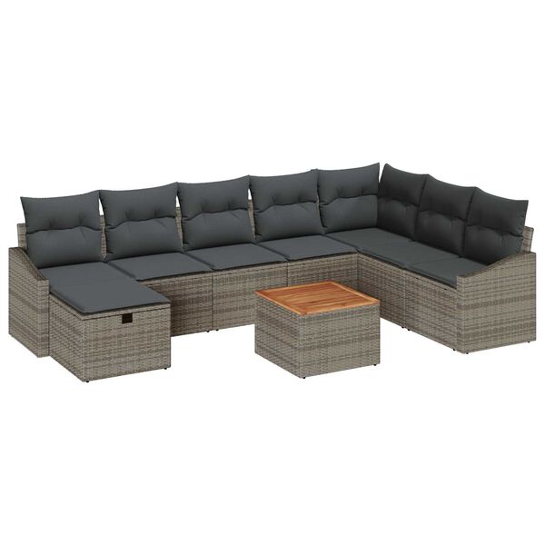 vidaXL Gartensofa-set mit Kissen mit Speicher 9 pcs Grau Poly Rattan