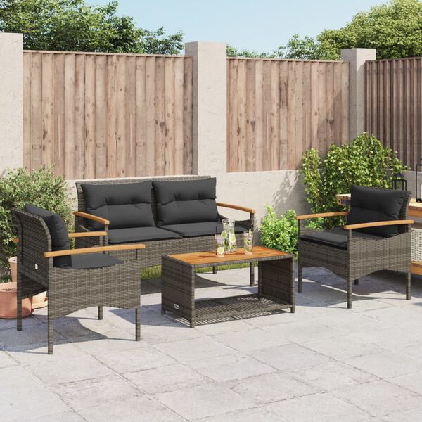 vidaXL 4-tlg. Garten-Sofagarnitur mit Kissen Grau Poly Rattan