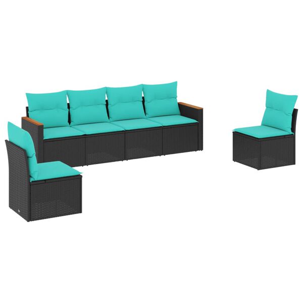vidaXL 6-teiliges Gartensofa-Set mit Kissen, schwarzes Polyrattan