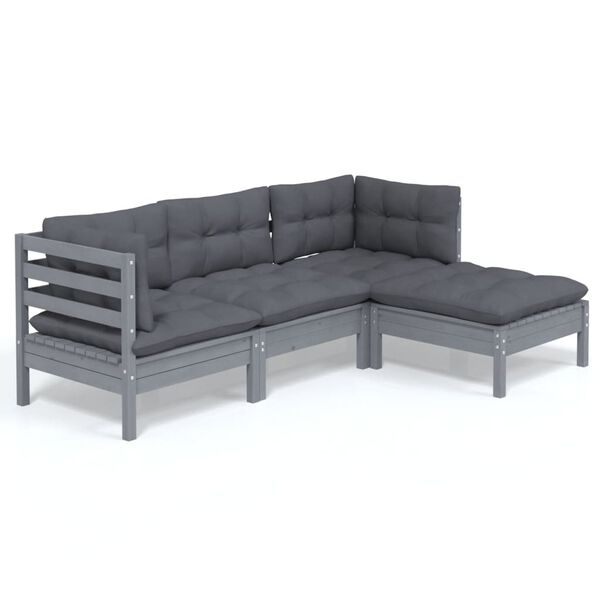 vidaXL 4-tlg. Garten-Lounge-Set mit Kissen Grau Kiefernholz