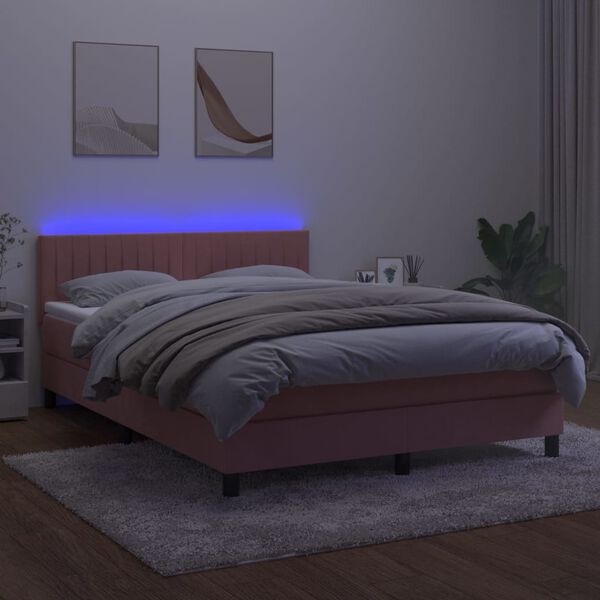 vidaXL Boxspringbett mit Matratze & LED Rosa 140x190 cm Samt