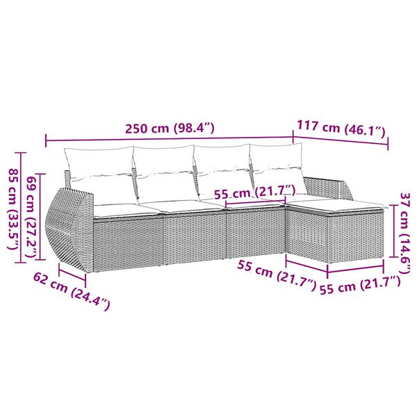 vidaXL 5-tlg. Garten-Sofagarnitur mit Kissen Schwarz Poly Rattan
