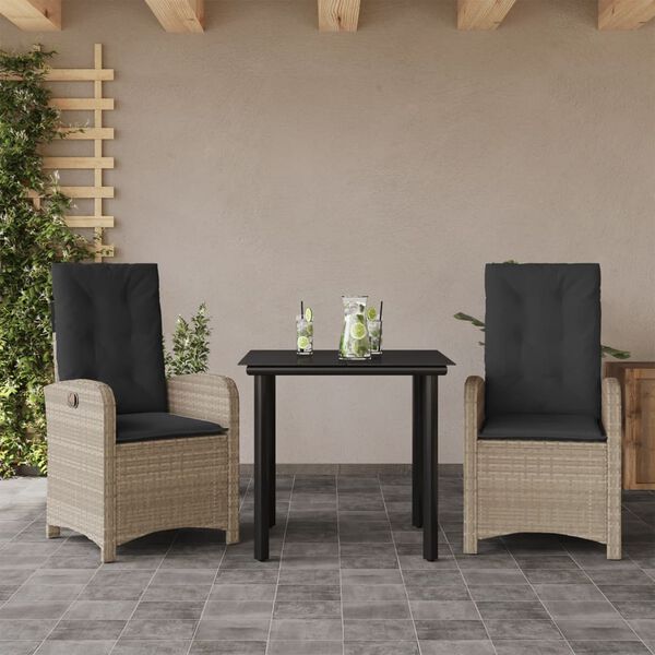 vidaXL 3-tlg. Garten-Essgruppe mit Kissen Hellgrau Poly Rattan