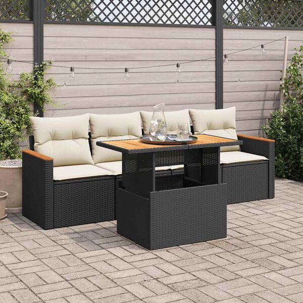 vidaXL 5tlg. Garten-Sofagarnitur mit Kissen Schwarz Poly Rattan Akazie