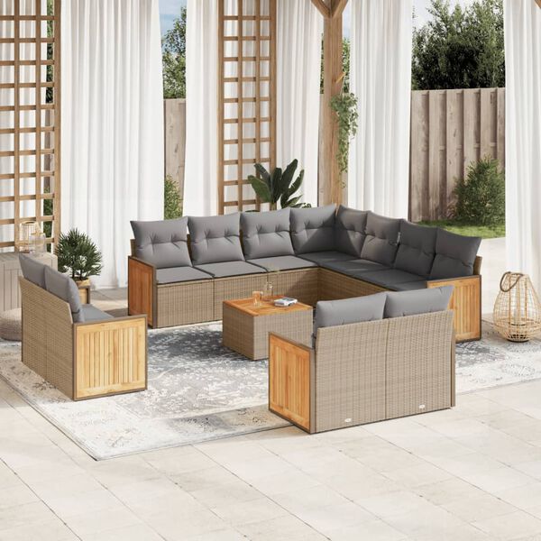 vidaXL 12-tlg. Garten-Sofagarnitur mit Kissen Beige Poly Rattan