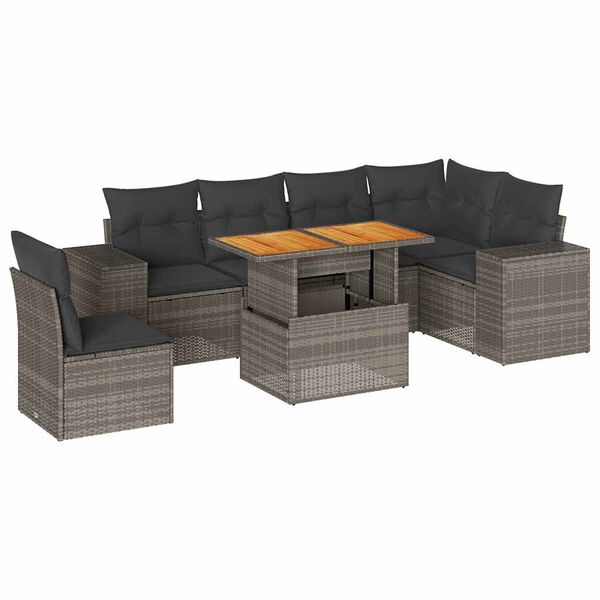 vidaXL 7-tlg. Garten-Sofagarnitur mit Kissen Grau Poly Rattan