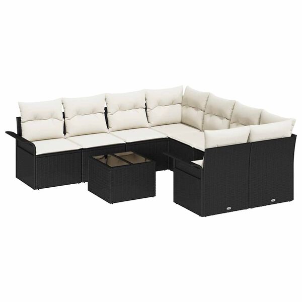 vidaXL Garten-Sofa-Set mit Kissen mit Speicher 9 pcs Schwarz und Creme