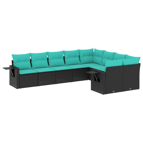 vidaXL 9-teiliges Gartensofa-Set mit Kissen, schwarzes Polyrattan
