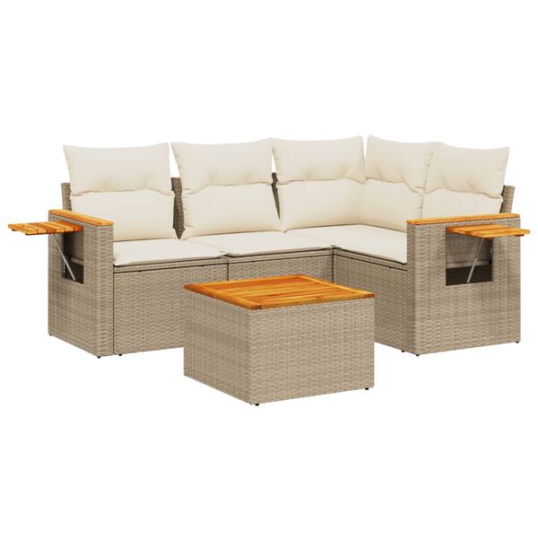 vidaXL 5-tlg. Garten-Sofagarnitur mit Kissen Beige Poly Rattan