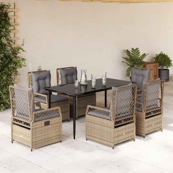 vidaXL 7-tlg. Garten-Essgruppe mit Kissen Beige Poly Rattan