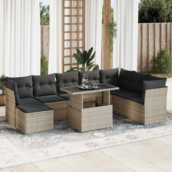vidaXL 9-tlg. Garten-Sofagarnitur mit Kissen Hellgrau Poly Rattan
