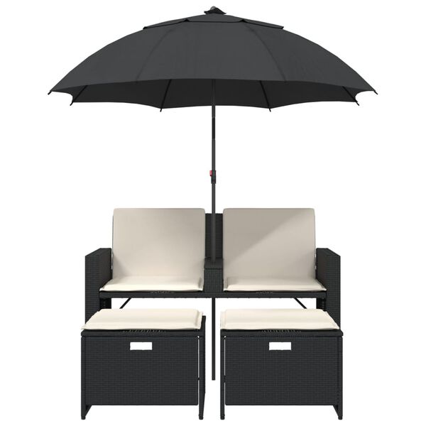 vidaXL Gartensofa 2-Sitzer Sonnenschirm und Hocker Schwarz Poly-Rattan