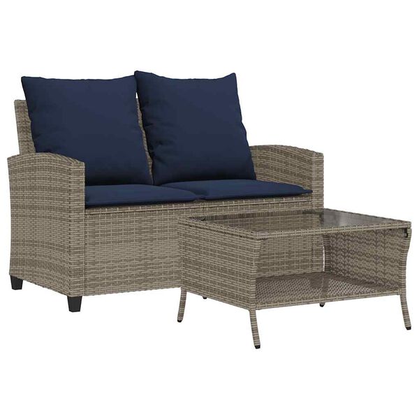 vidaXL Gartensofa 2-Sitzer mit Kissen & Tisch Grau Poly Rattan