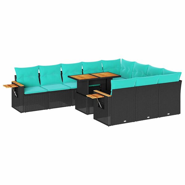 vidaXL 11-tlg. Garten-Sofagarnitur mit Kissen Schwarz Poly Rattan