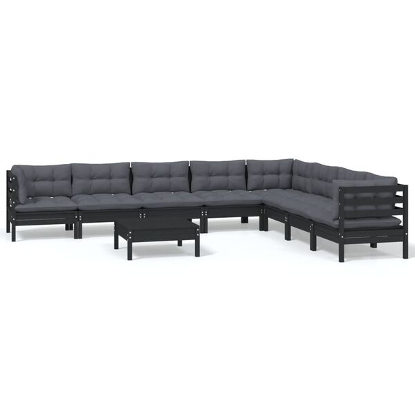 vidaXL 9-tlg. Garten-Lounge-Set mit Kissen Schwarz Massivholz Kiefer