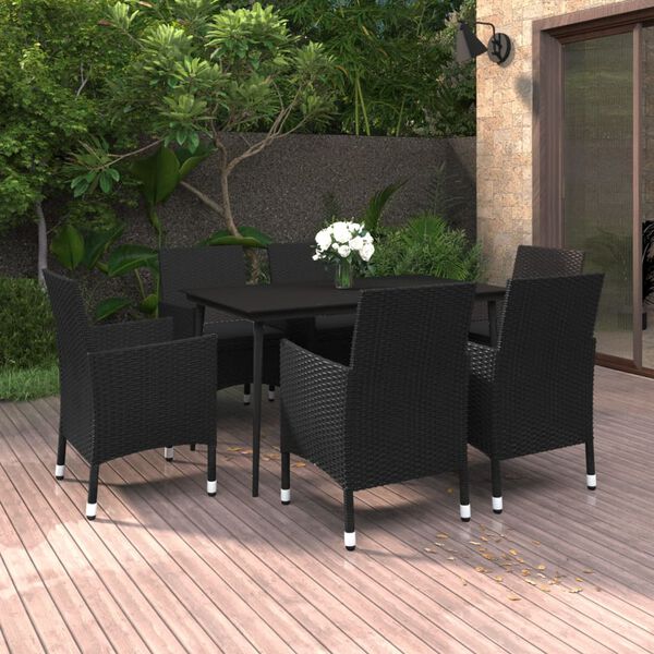 vidaXL 7-tlg. Garten-Essgruppe mit Auflagen Poly Rattan und Glas