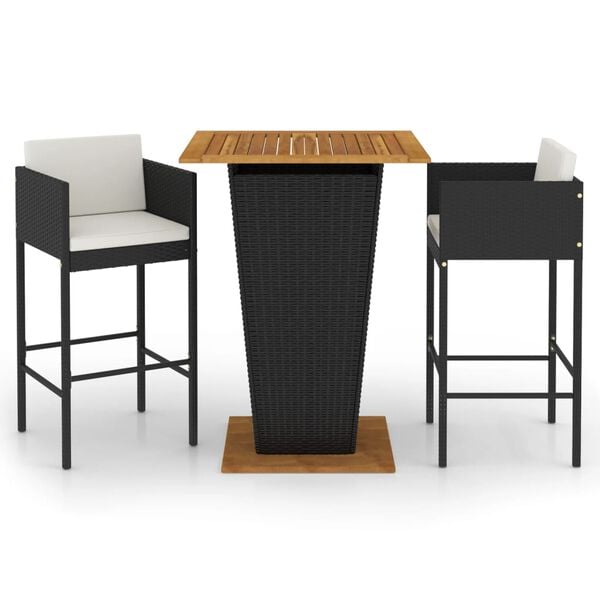 vidaXL 3-tlg. Gartenbar-Set mit Kissen Poly Rattan Schwarz