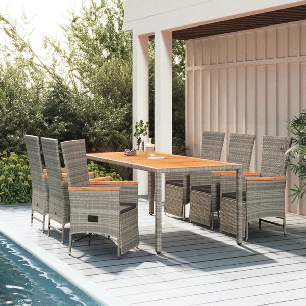 vidaXL 7-tlg. Garten-Essgruppe mit Kissen Grau Poly Rattan