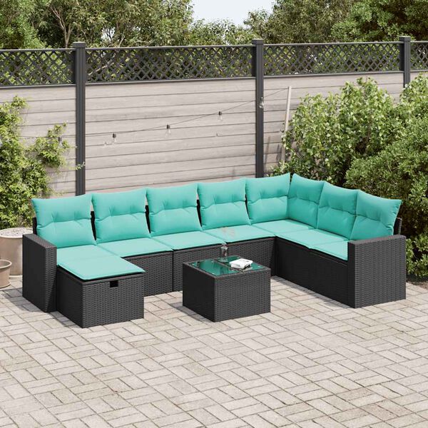 vidaXL 8-tlg. Garten-Sofagarnitur mit Kissen Schwarz Poly Rattan