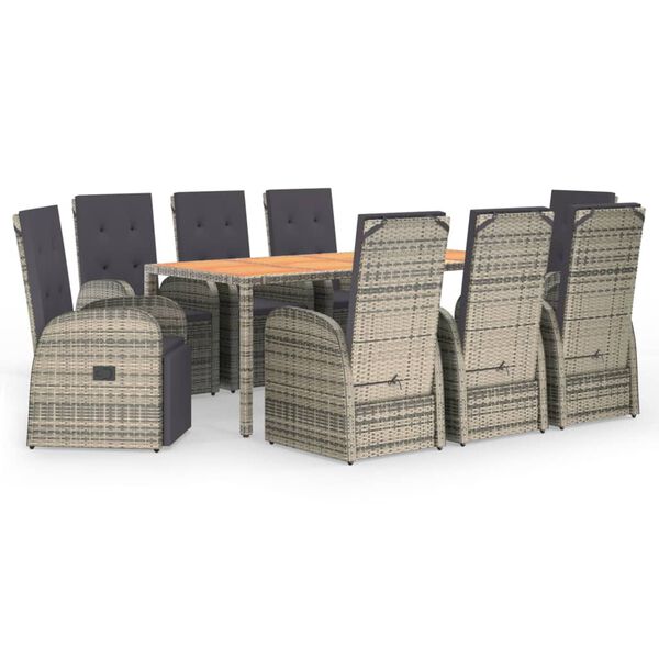 vidaXL 9-tlg. Garten-Essgruppe mit Kissen Grau Poly Rattan