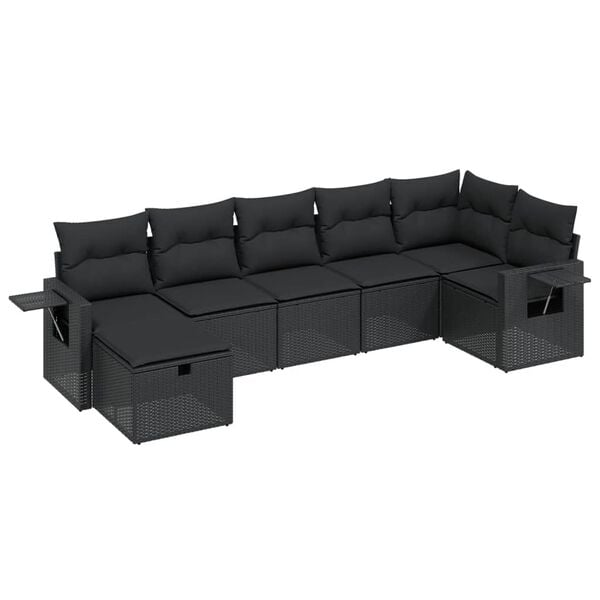 vidaXL 7-tlg. Garten-Sofagarnitur mit Kissen Schwarz Poly Rattan