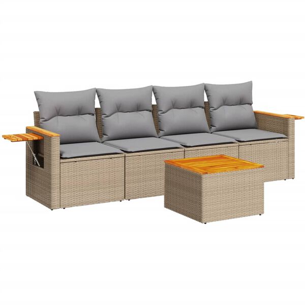 vidaXL 5-tlg. Garten-Sofagarnitur mit Kissen Beige Poly Rattan