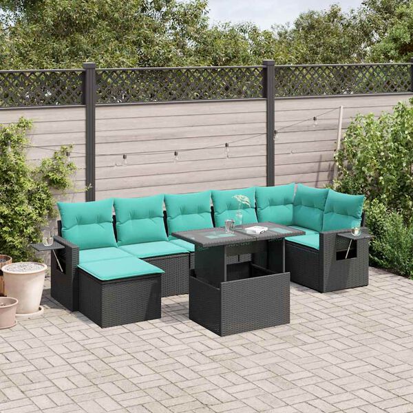 vidaXL 8-teiliges Gartensofa-Set mit Kissen, schwarzes Polyrattan
