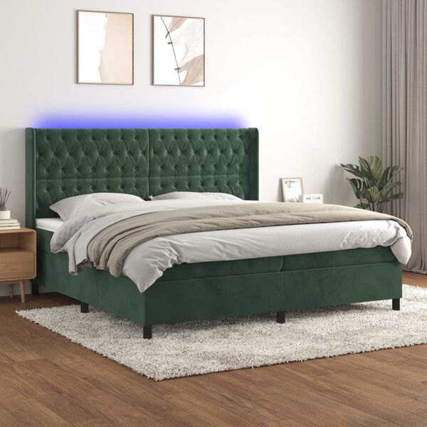 vidaXL Boxspringbett mit Matratze & LED Dunkelgr&uuml;n 200x200 cm Samt