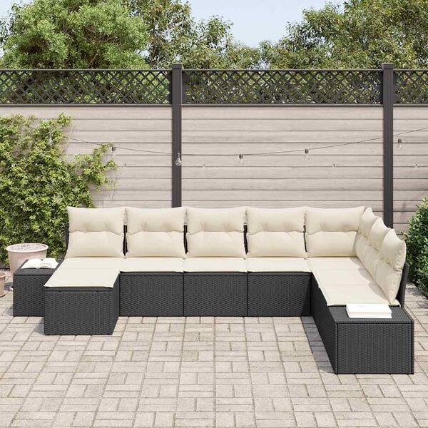 vidaXL Garten-Sofa-Set mit Kissen 8 pcs Schwarz und Creme Poly-Rattan