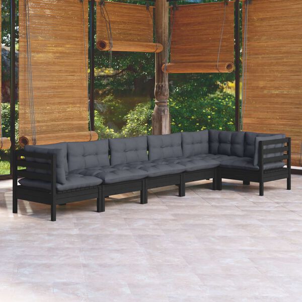 vidaXL 6-tlg. Garten-Lounge-Set mit Kissen Schwarz Kiefernholz