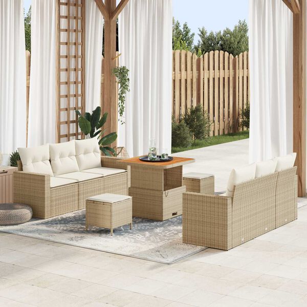 vidaXL Garten-Sofa-Set mit Kissen mit Speicher 9 pcs Beige und Creme