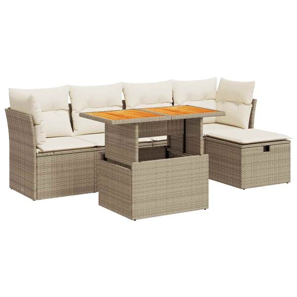 vidaXL 6-tlg. Garten-Sofagarnitur mit Kissen Beige Poly Rattan Akazie