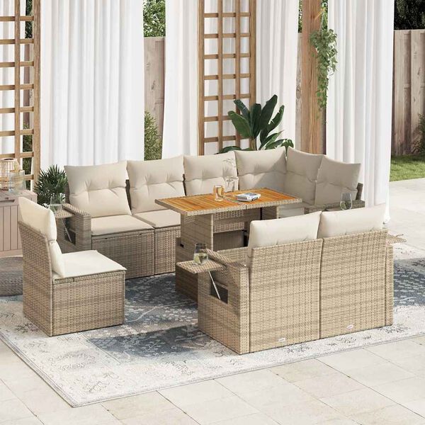 vidaXL 9-tlg. Garten-Sofagarnitur mit Kissen Beige Poly Rattan