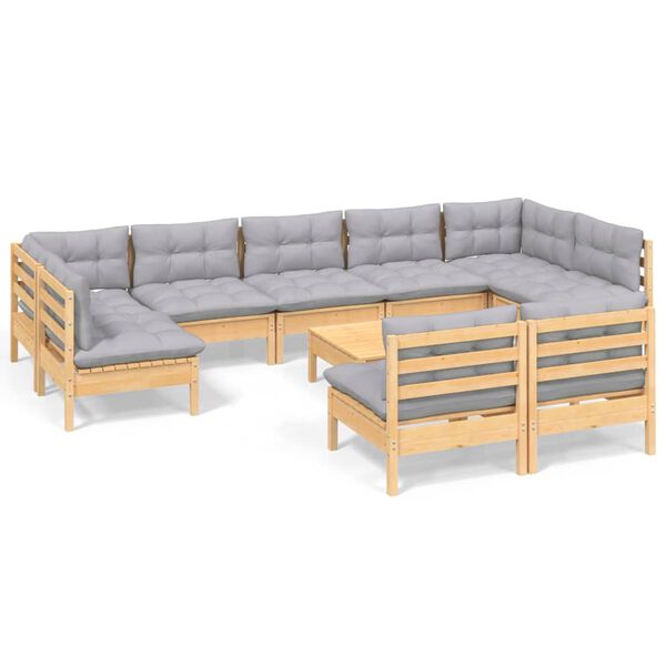 vidaXL 10-tlg. Garten-Lounge-Set mit Grauen Kissen Kiefer Massivholz