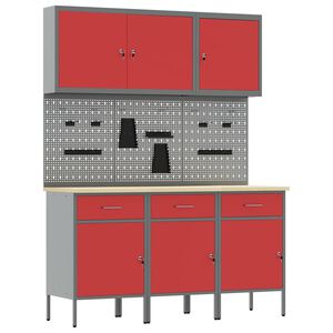 vidaXL Werkbank mit Schubladen 8 pcs Rot Ingenieure Holz und Stahl