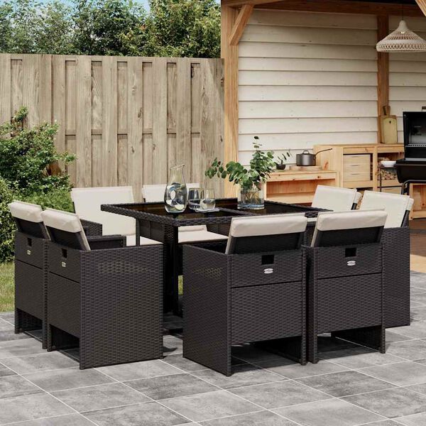 vidaXL 9-tlg. Garten-Essgruppe mit Kissen Schwarz Poly Rattan