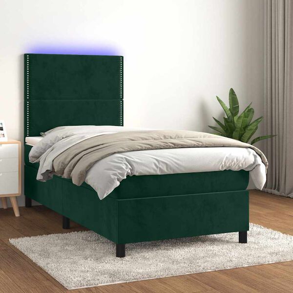 vidaXL Boxspringbett mit Matratze & LED Dunkelgr&uuml;n 100x200 cm Samt