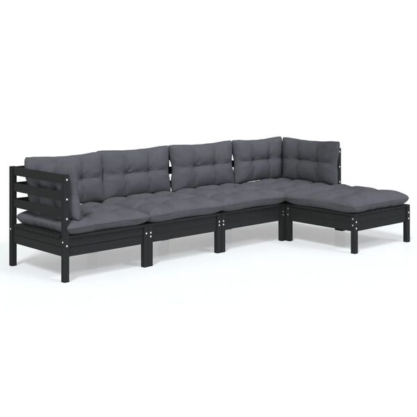 vidaXL 5-tlg. Garten-Lounge-Set mit Kissen Schwarz Kiefernholz