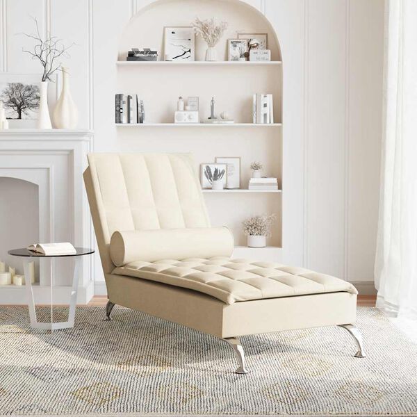 vidaXL Massage-Chaiselongue mit Nackenrolle Creme Stoff