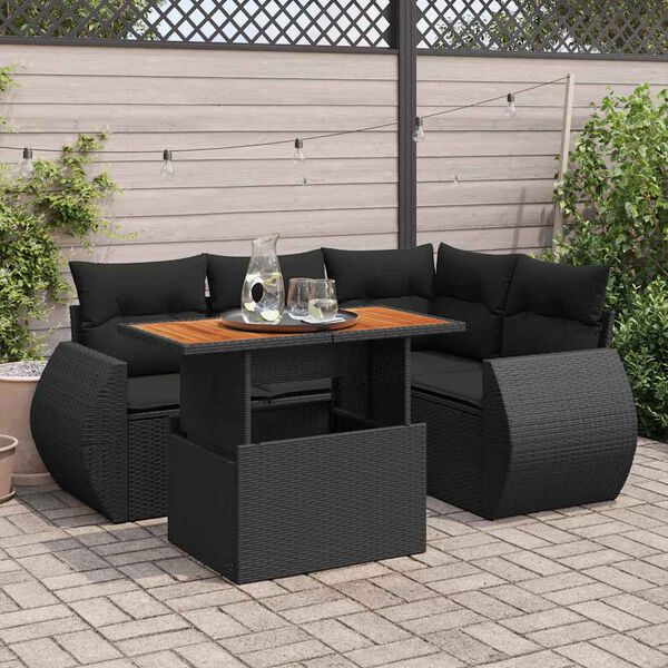 vidaXL 5-tlg. Garten-Sofagarnitur mit Kissen Schwarz Poly Rattan